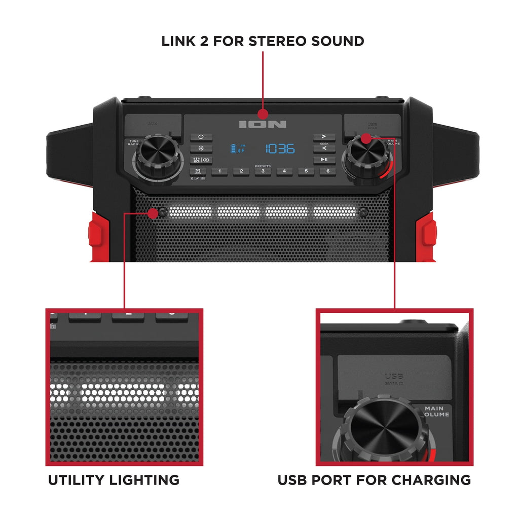 ION 22-Watt-RMS Tailgater Classic Portable Bluetooth Rechargeable Speaker with Link 2, FM, Light, IPX5, up to 15 Hours Play Time , Black/Red