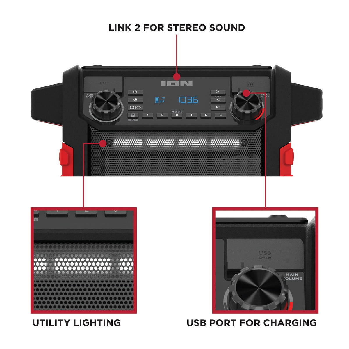 ION 22-Watt-RMS Tailgater Classic Portable Bluetooth Rechargeable Speaker with Link 2, FM, Light, IPX5, up to 15 Hours Play Time , Black/Red