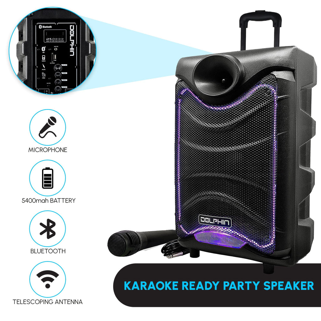 Dolphin SP-850RBT 8-in Portable Bluetooth Party Speaker with Mic, Lights, FM Radio, USB, Rechargeable Battery