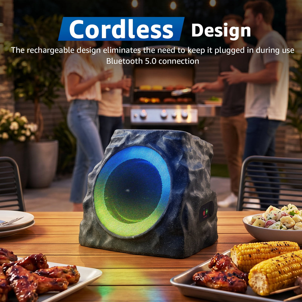 NiceBuy Outdoor Waterproof Solar Powered Bluetooth Rock Speakers with TWS Pairing and RGB Lights, 2 Pack