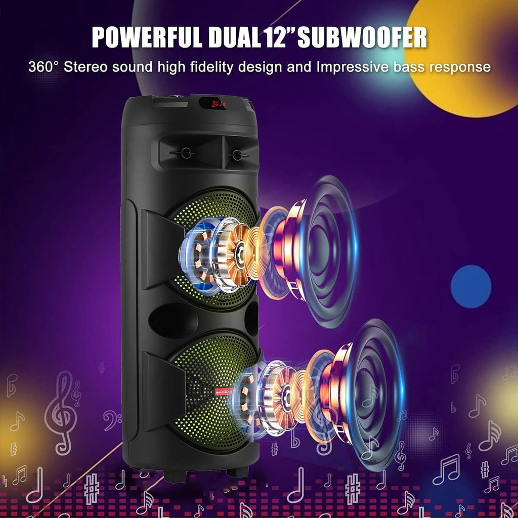 RIDWIND 4000W Peak Power Bluetooth Speakers Portable Wireless Speaker with Double 6.5 inch Subwoofer Heavy Bass,FM Radio, Microphone, Lights, Remote Control TWS Stereo Sound System Speaker