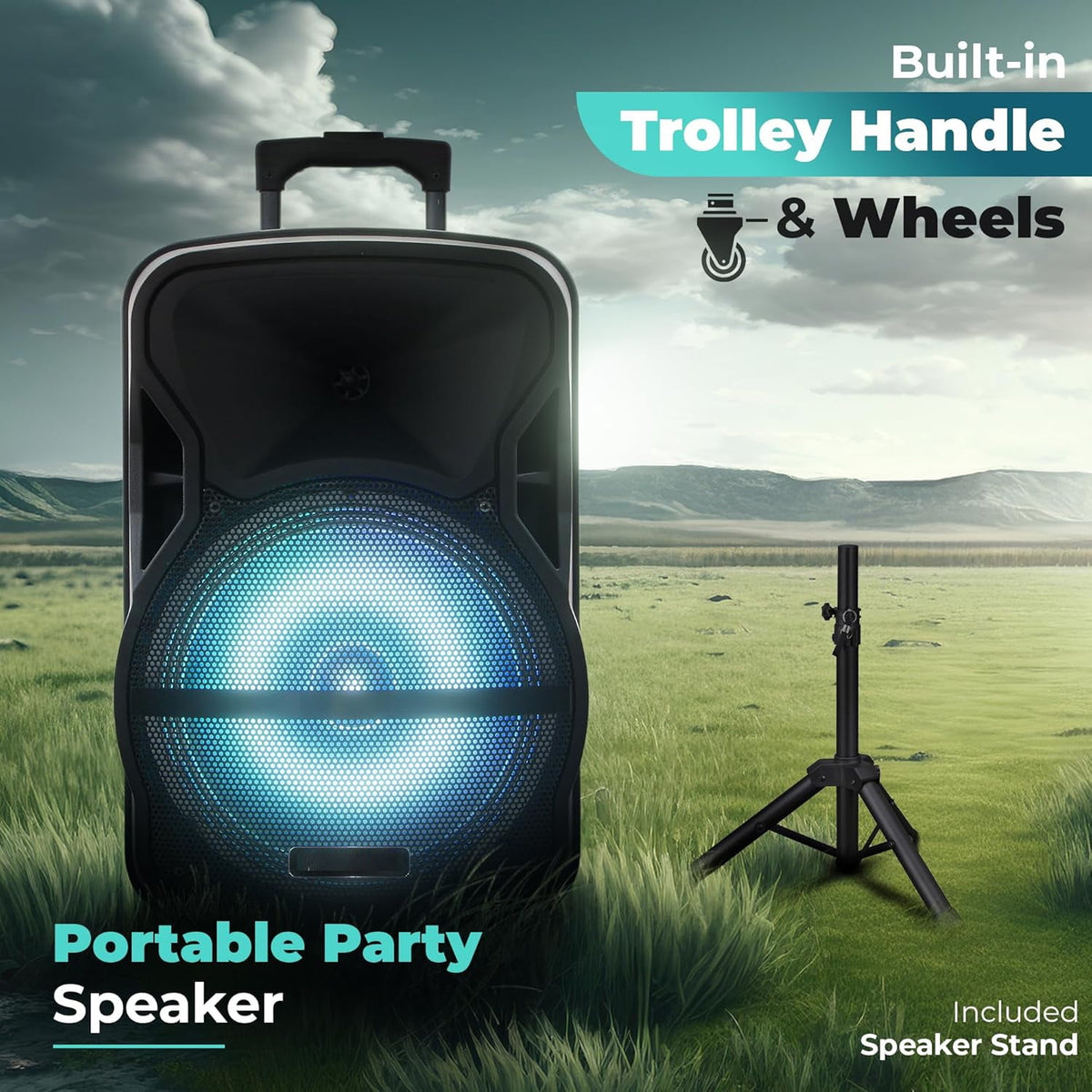 RIDWIND 3000W Portable Bluetooth Speaker Indoor/Outdoor Loud 12" Subwoofer Heavy Bass Sound System With Party Lights Digital Display FM/AUX/MP3/USB/TF Tripod Stand Handle Wheels Microphone Remote