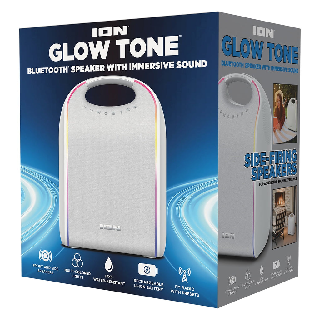 ION 40-Watt-RMS Stereo Glow Tone Portable Bluetooth Rechargeable Speaker with 8-In. Woofer, Lights, TWS, Aux and Mic Inputs, FM, Water-Resistant