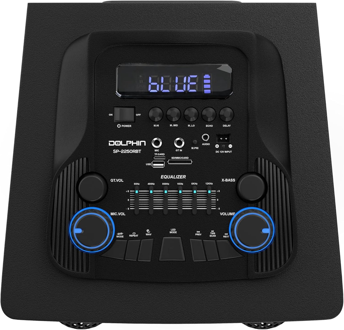 Dolphin SP-2250RBT High-Power Big Party Speaker – X-BASS, Strobe & LED Infinity Lights, Bluetooth, Wood Cabinet MDF, 2 UHF Wireless Mics, 120W, Long-Lasting Battery for DJ & Karaoke
