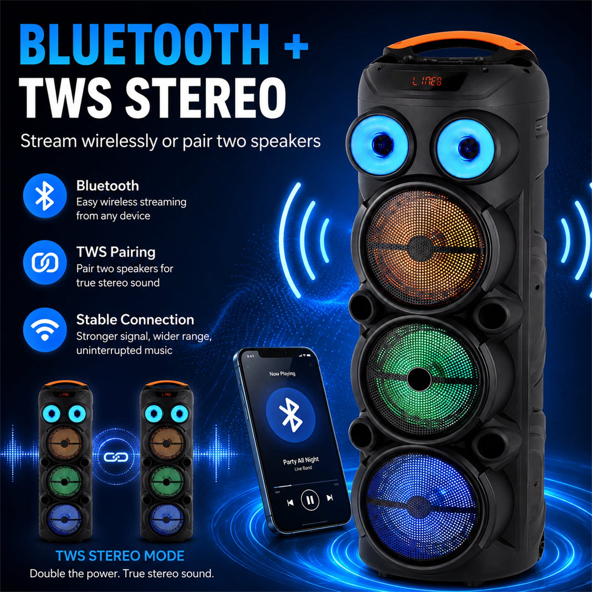 Lohoms Triple 8" Bluetooth Party Speaker, Portable Karaoke Machine & Outdoor PA Sound System with Powerful Stereo Sound, LED Lights, Wireless Mic, TWS Pairing, FM, USB, TF & AUX