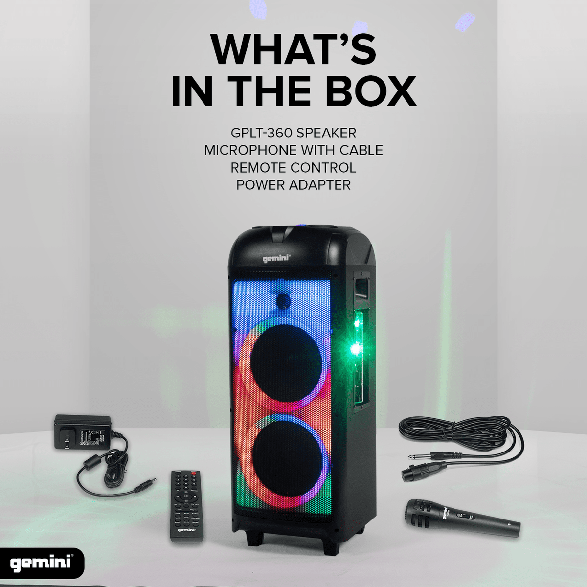 Gemini GPLT-360 Portable Bluetooth Party Speaker with 360° LED Lights, 1000W Peak Power, Wireless Mic & Guitar Inputs, TWS Pairing, 4+ Hour Battery - Ultimate Party Sound System