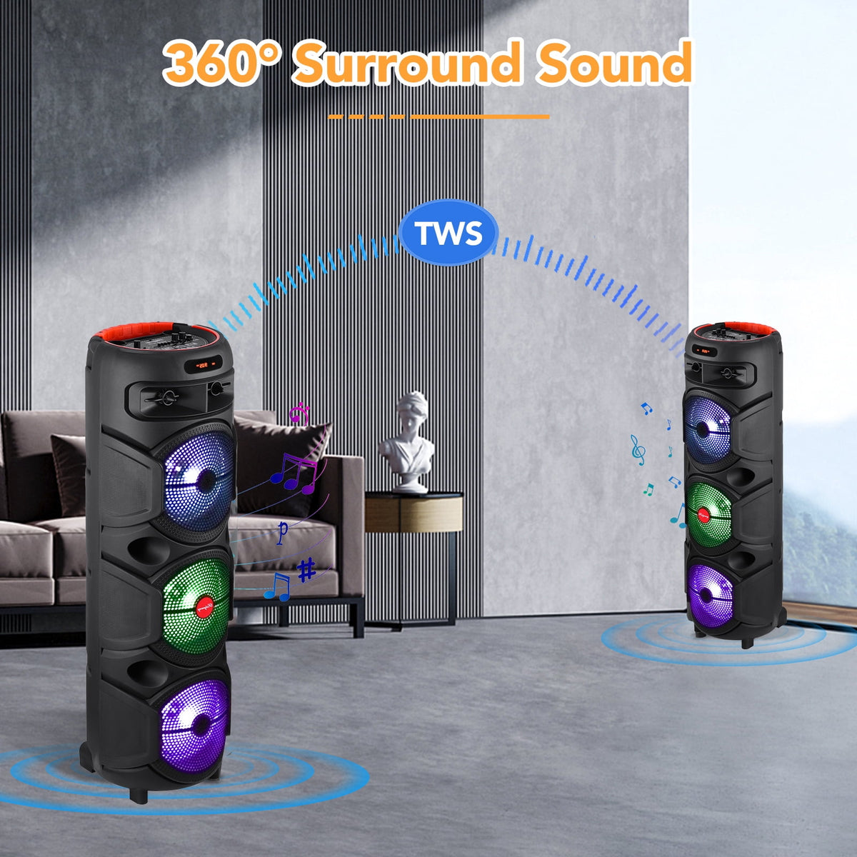 RIDWIND 4000W Peak Power Bluetooth Speakers Portable Wireless Speaker with Double 6.5 inch Subwoofer Heavy Bass,FM Radio, Microphone, Lights, Remote Control TWS Stereo Sound System Speaker