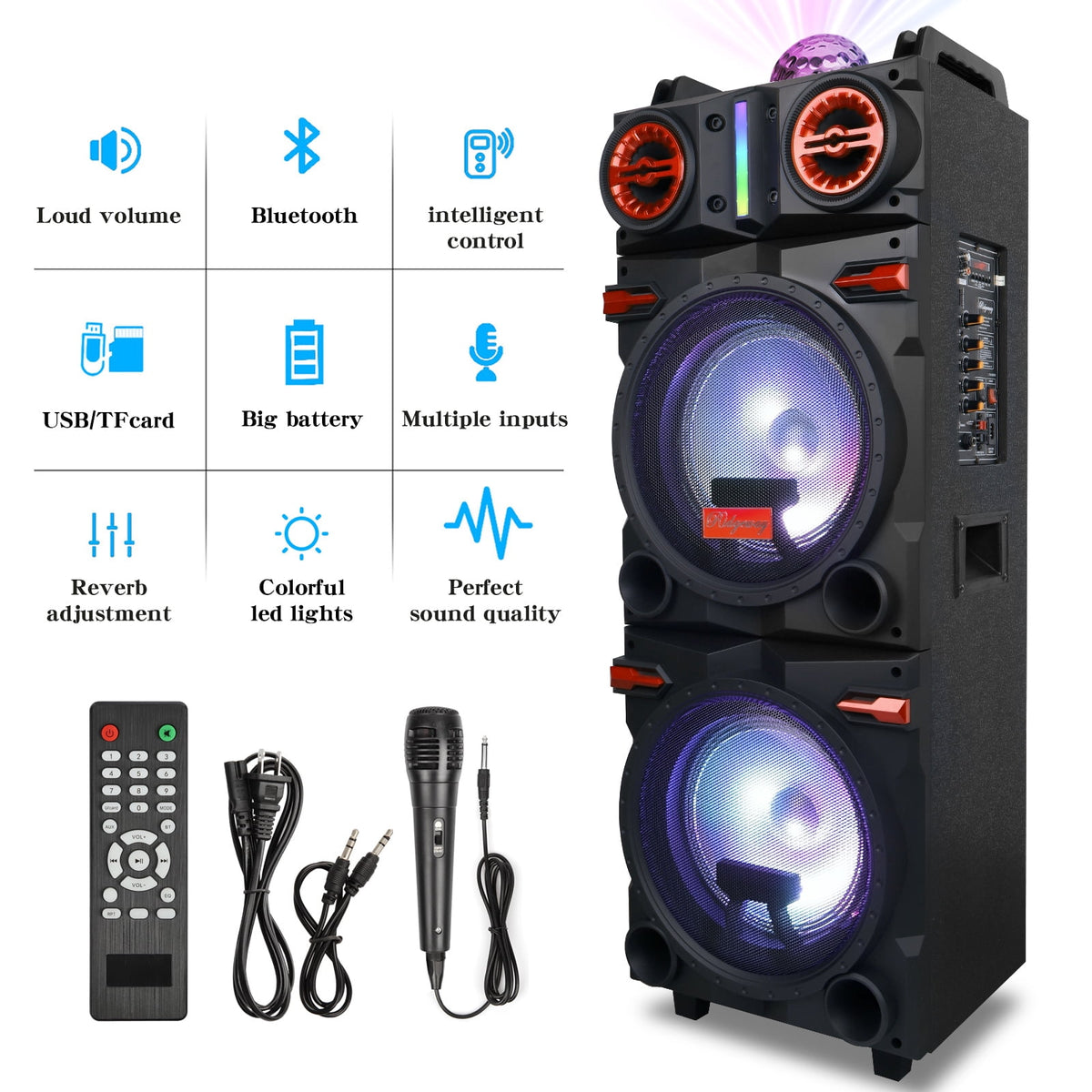 Lohoms Portable Wireless Speaker, Dual 10" Subwoofer & 1" tweeter Trolley Bluetooth Speaker W/ Microphone Heavy Bass Stereo Woofer Party Sound PA System, AUX, FM, Remote, LED Light, 40.5" H