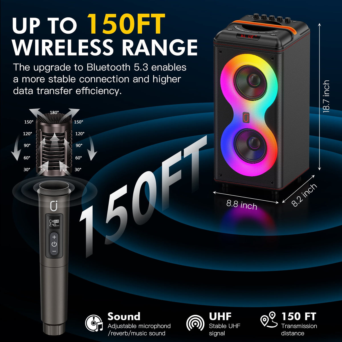 JYX Bluetooth Speaker, Dual 6.5'' Subwoofer Portable Party Speaker System for Outdoor, Deep Bass Party Box with Led Lights, T27-T