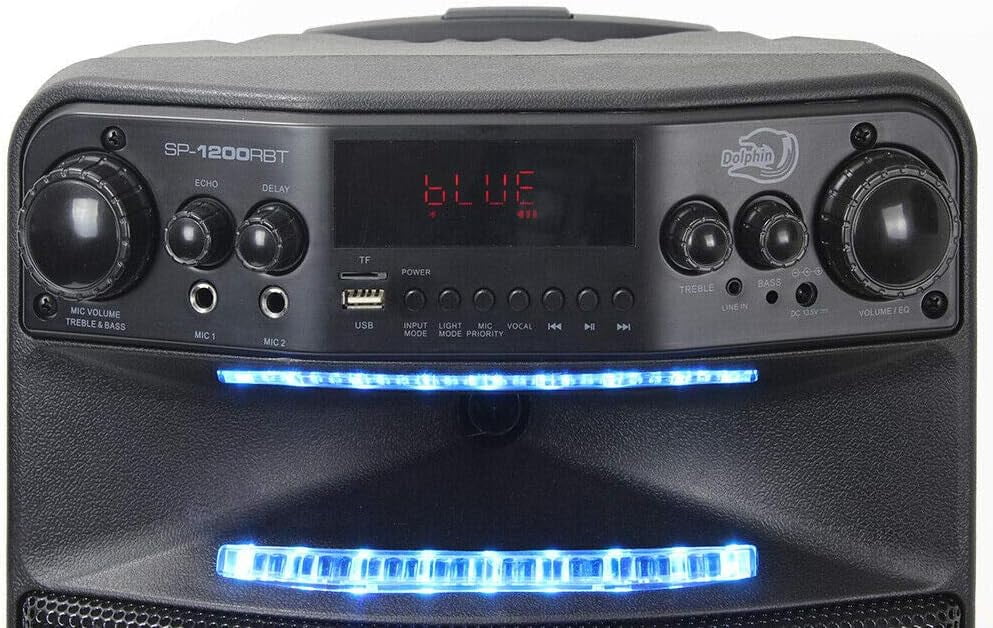 Dolphin SP-1200RBT Portable Party Bluetooh Speaker w/Remote Control and Sound Activated LED Light Show, 12", Long Lasting Battery