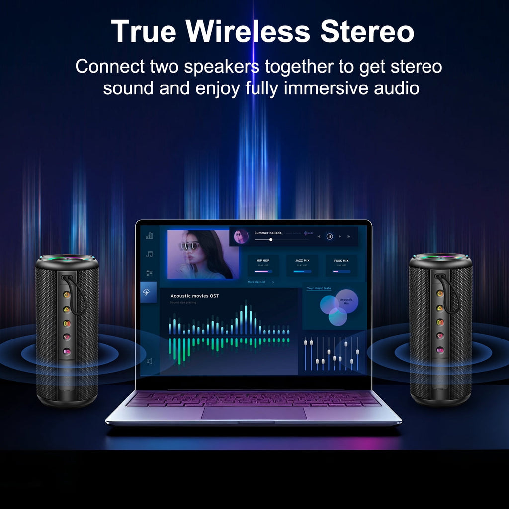 Portable Bluetooth Speaker, Bluetooth 5.4 Wireless Speaker, IPX7 Waterproof Outdoor Speaker with RGB Party Lights, 20W Stereo Sound, 20H Playtime, TWS Pairing for Camping, Beach, Home Party