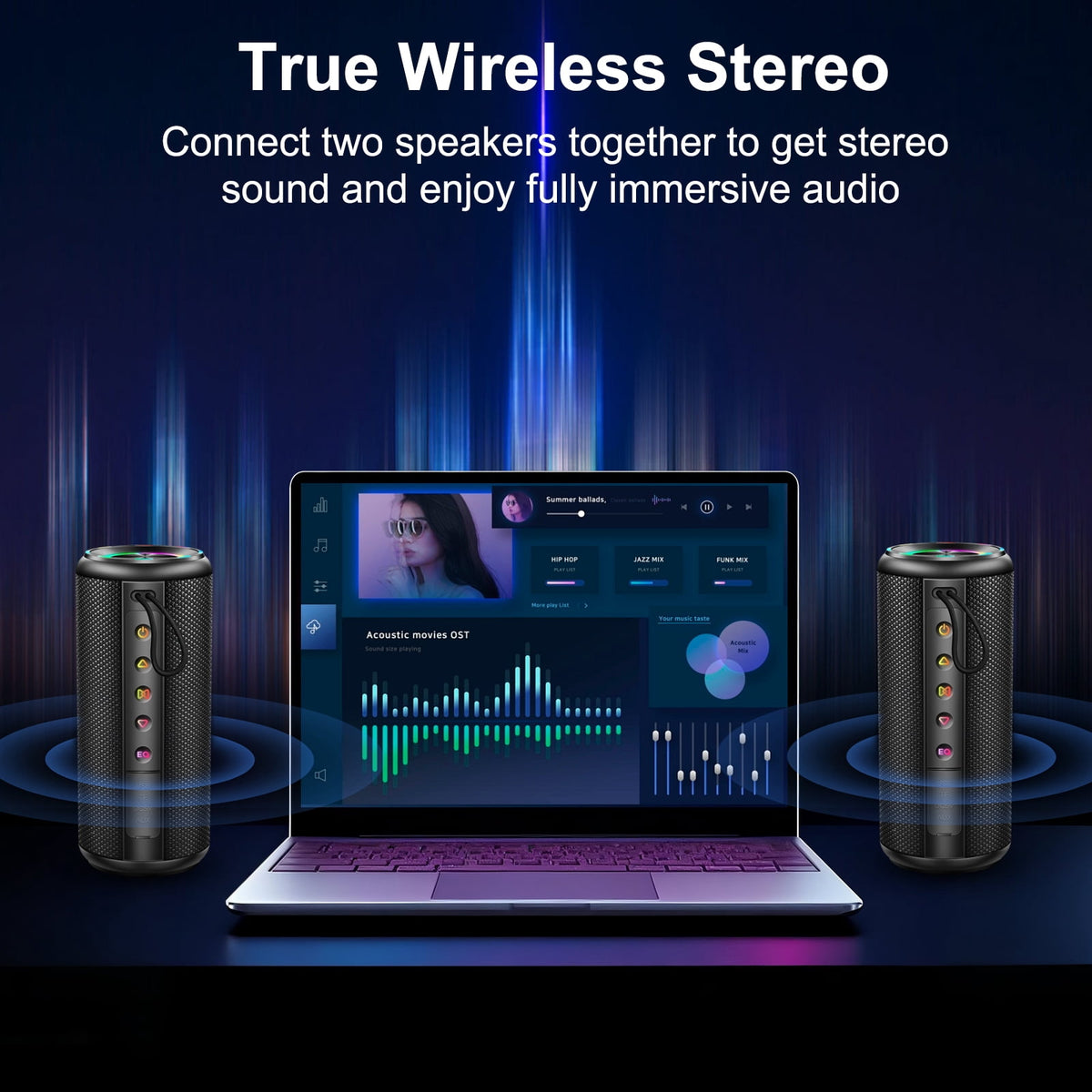Portable Bluetooth Speaker, Bluetooth 5.4 Wireless Speaker, IPX7 Waterproof Outdoor Speaker with RGB Party Lights, 20W Stereo Sound, 20H Playtime, TWS Pairing for Camping, Beach, Home Party