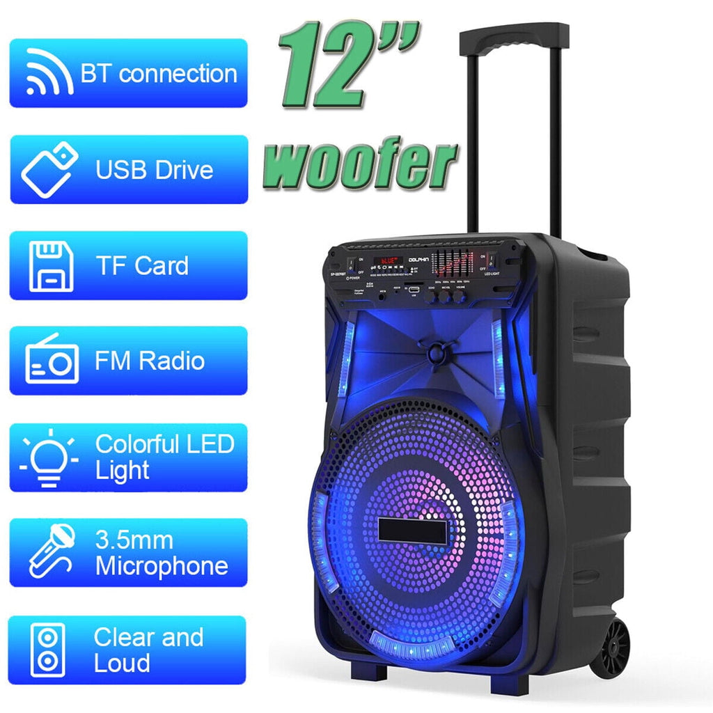 12'' Woofer Heavy Bass Bluetooth Speaker Portable Party PA Sound System Mic LED FM AUX Handle Wheels