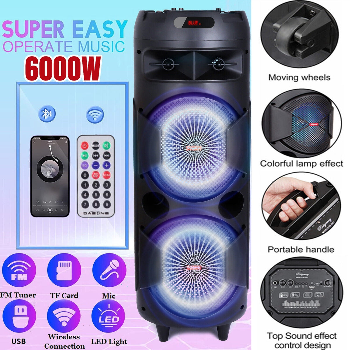 CURUK Portable Wireless Bluetooth Speaker Triple 8" Woofer PA System FM AUX TWS, MIC, RC, LED Light