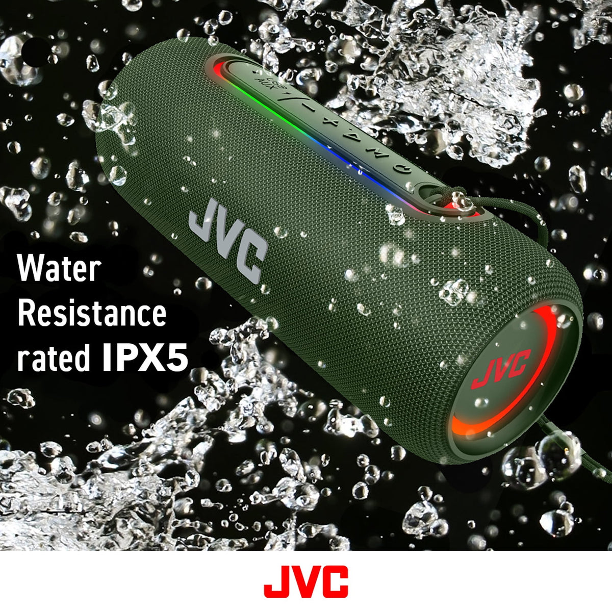 JVC Illuminated Portable Wireless Speaker with 20W max outputs, Dynamic Sound, Bluetooth 5.0, TWS Capability, USB-C, IPX5, AUX in, up to 5-Hour Battery Life - SPPA5BTG (Green)