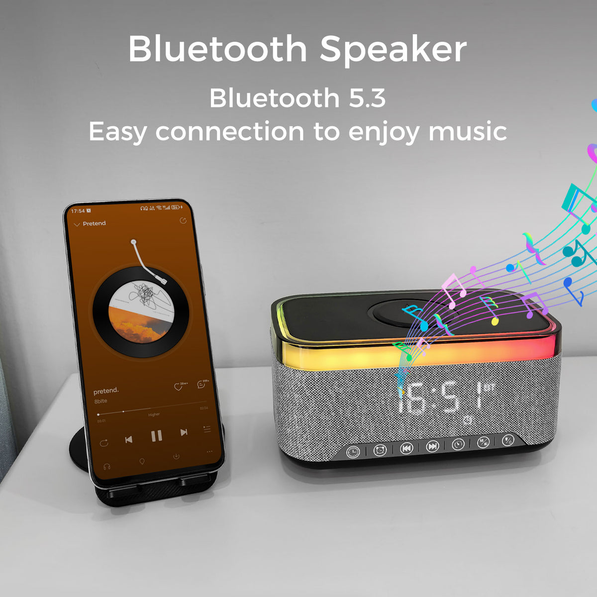 10W Bluetooth Stereo Speaker-Alarm Clock, Wireless Charging, RGB light