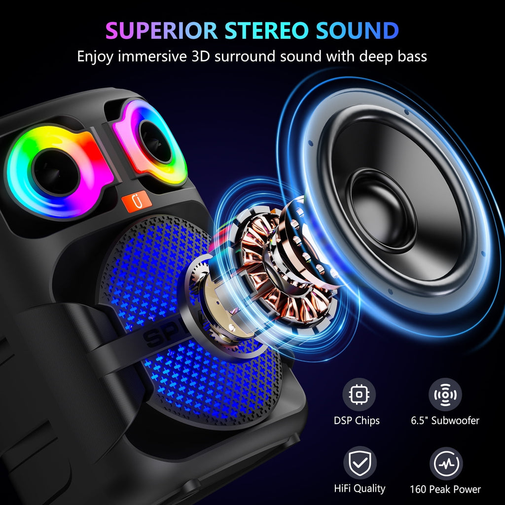 FanFun Bluetooth Speaker, Portable Party Speaker with 2 Microphones, LED Light, Deep Bass, T28-T