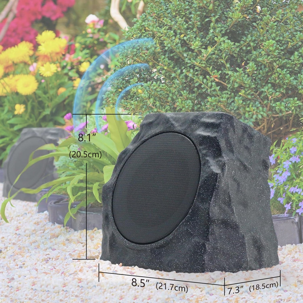 Postlucky 2 Pack Outdoor Solar Rock Speakers, Bluetooth, TWS Pairing, RGB LED Flashing, USB Charging, Waterproof, 7.3" Gray