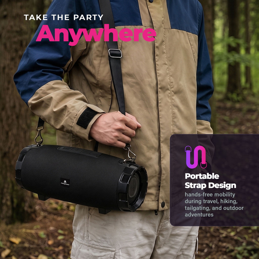 Max Power MPD526 Cyclone 2.0 Rechargeable Bluetooth Speaker With Shoulder Strap, Black