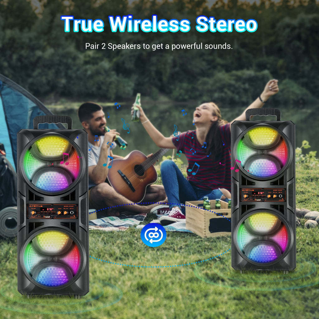 RIDWIND Set of 2 3000W Peak Power Wireless TWS Portable Loud Party Bluetooth Speaker with Dual 6.5" Woofer LED Colorful Lights Microphone Remote Control Support FM/TF/USB/AUX