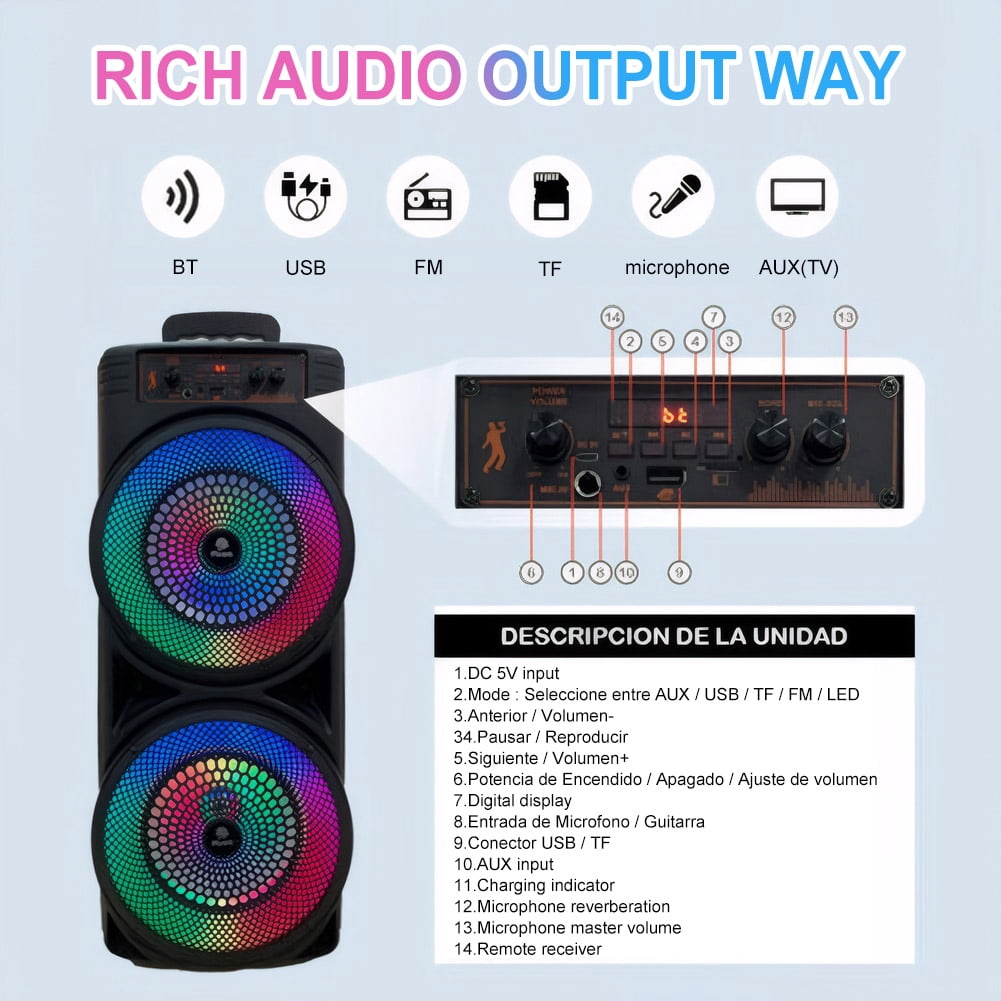 Bluetooth Speakers, Portable Wireless Loud Outdoor Home Party Bluetooth Speaker with Subwoofer, LED Colorful Lights, Microphone, Remote and Big Powerful Stereo Deep Bass Sound Boombox