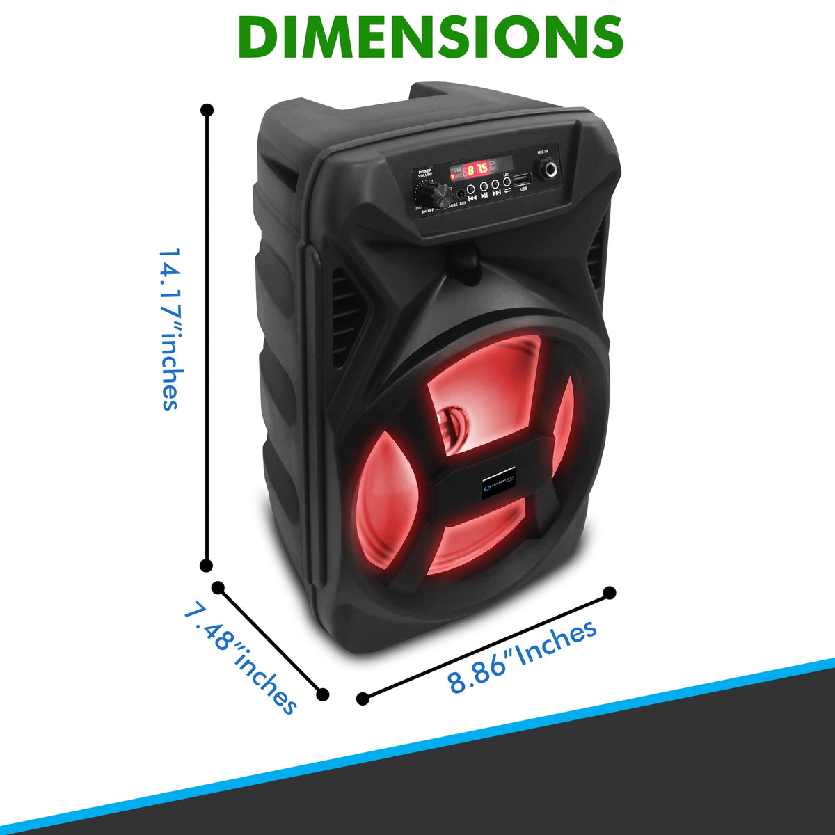Technical Pro 8" Portable 500 Watts Bluetooth Speaker with Woofer and Tweeter, Festival PA LED Speaker, USB Card Input & True Wireless Stereo