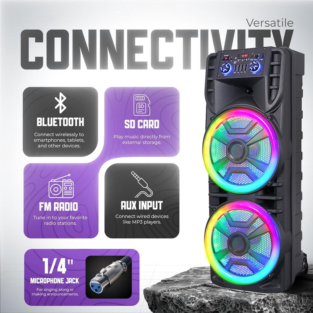 RIDWIND 5000W Peak Power Dual 10" Woofers Portable Party Speaker, Indoor & Outdoor Loud Heavy Bass Sound System with Microphone, RGB Lights, Remote Control, Support TWS/USB/FM, Rechargeable Battery
