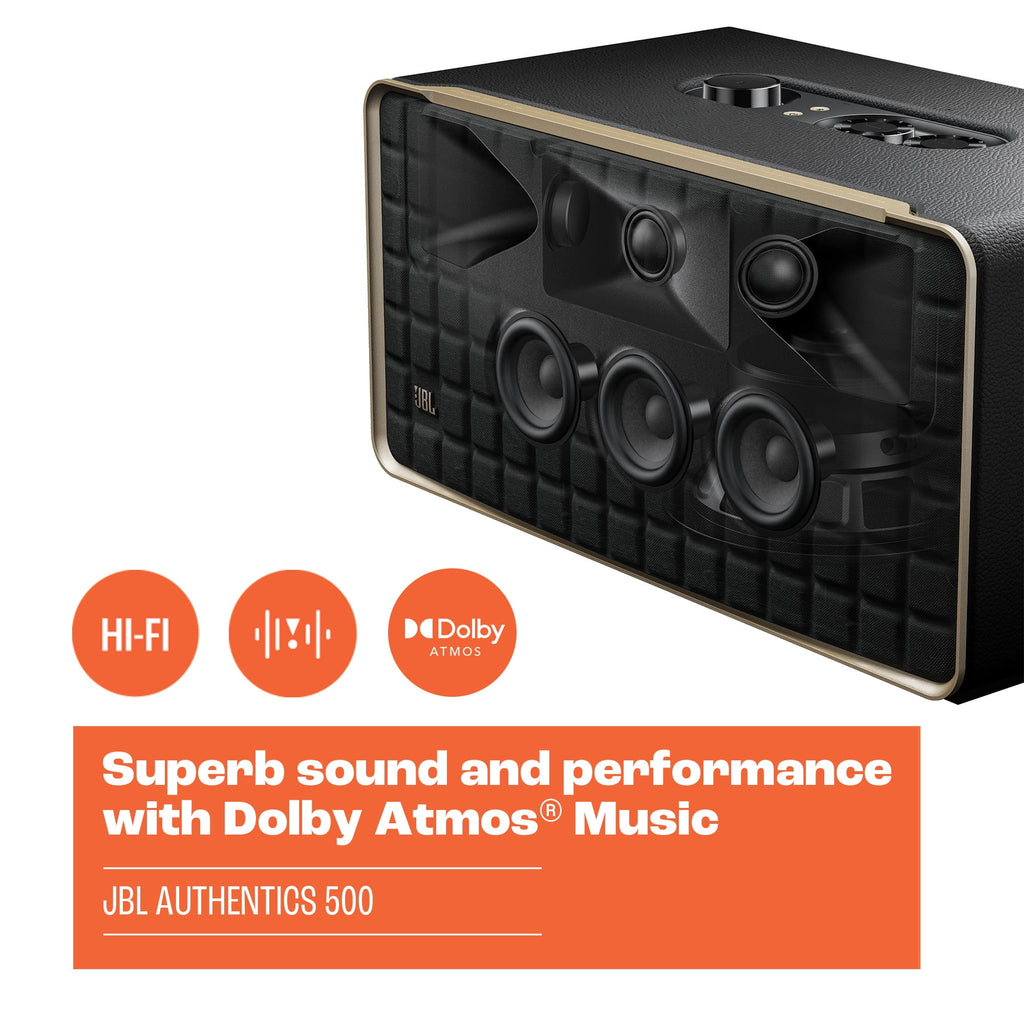 Restored JBL Authentics 500 - Hi-fidelity smart home speaker with Wi-Fi, Bluetooth and Voice Assistants with retro design - Black (Refurbished)