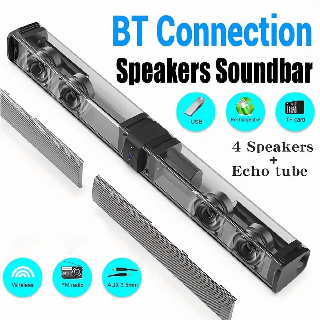 Stereo Bar Speaker for Smart TVs, 2-in-1 Wireless Subwoofer, Home Theater System, Bass Enhancement, Supports TF/AUX/FM/RCA/TWS, 2000mAh Battery, for DVD/TV/PC/Phone/Games