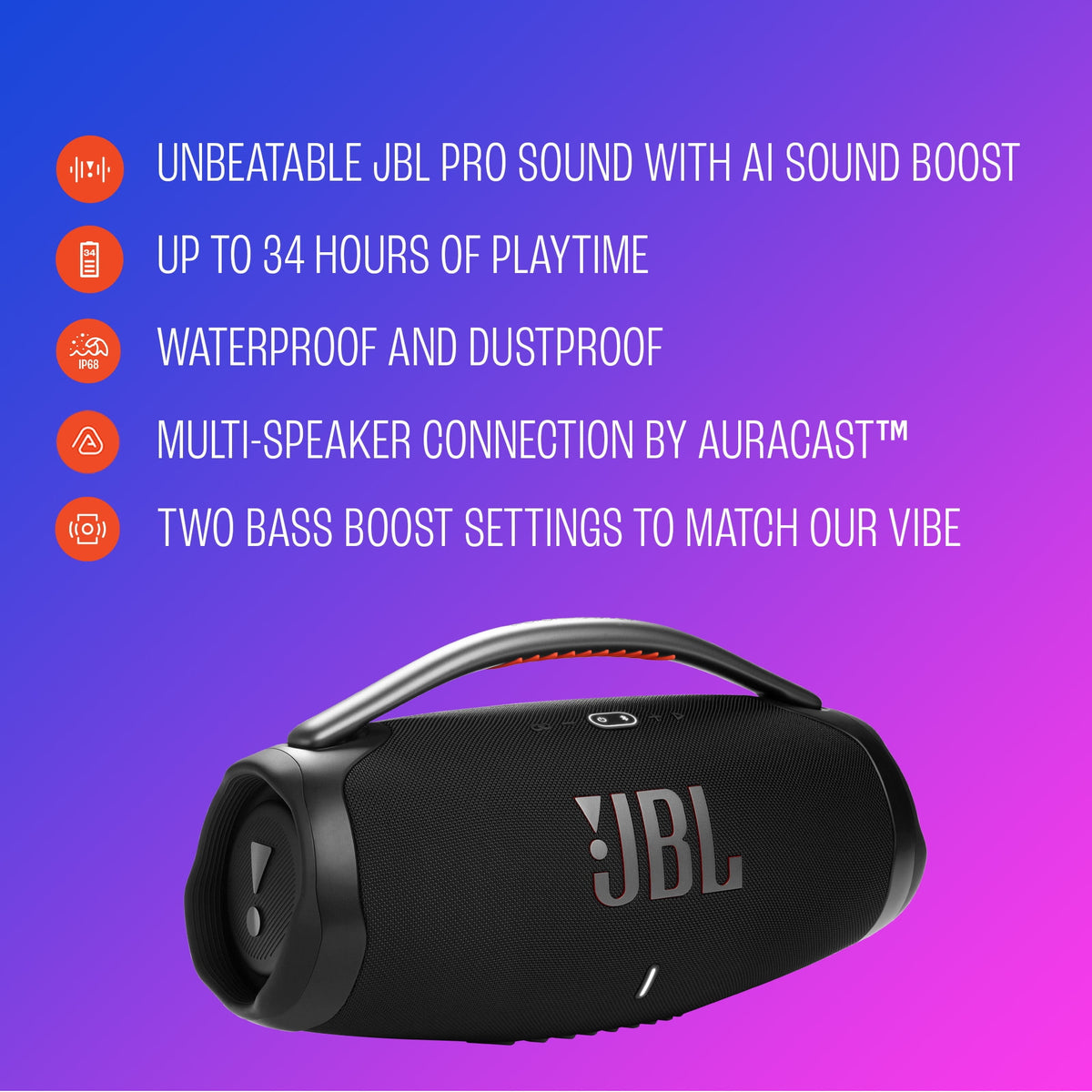 JBL Boombox 4 Portable Waterproof Speaker with JBL Pro Sound, 4 Speakers, Black