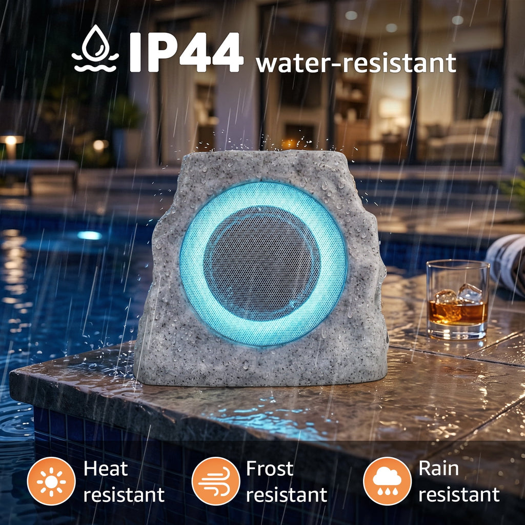 NiceBuy Outdoor Waterproof Solar Powered Bluetooth Rock Speakers with TWS Pairing and RGB Lights, 2 Pack