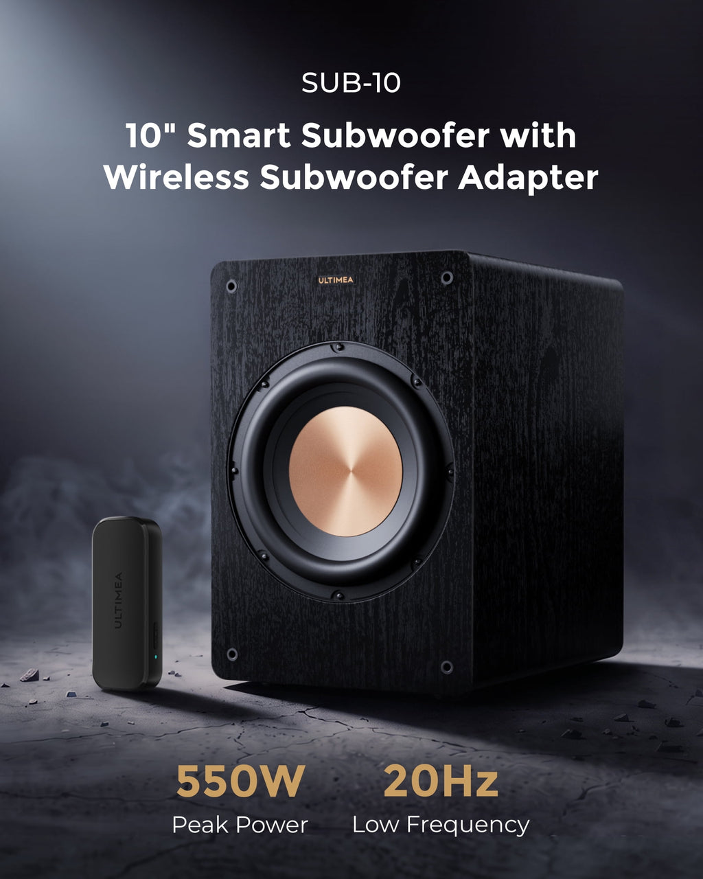 ULTIMEA 10" Powered Subwoofer with Wireless Adapter, 550W Peak, 20Hz Low Frequency, App Bass Control, EQ & 0-180° Phase, Bluetooth 6.0, RCA/LFE & Speaker-Level Inputs for HiFi & A, SUB1