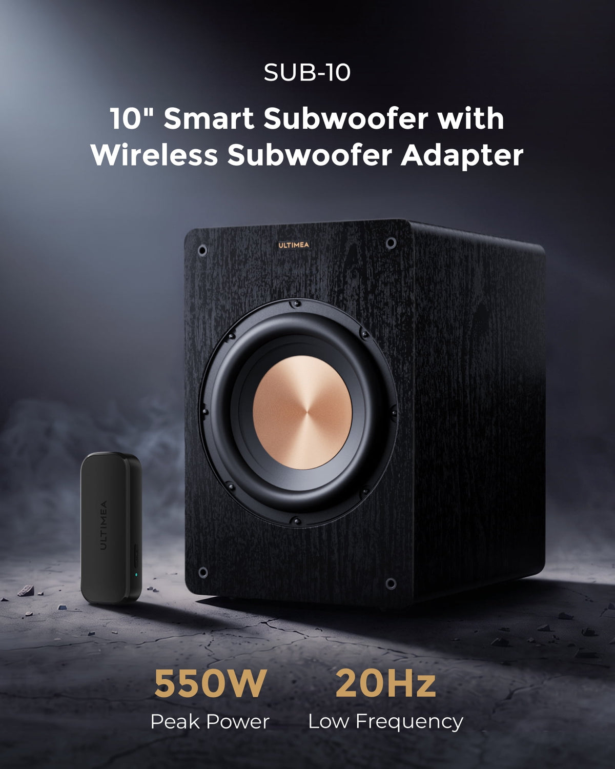 ULTIMEA 10" Powered Subwoofer with Wireless Adapter, 550W Peak, 20Hz Low Frequency, App Bass Control, EQ & 0-180° Phase, Bluetooth 6.0, RCA/LFE & Speaker-Level Inputs for HiFi & A, SUB1