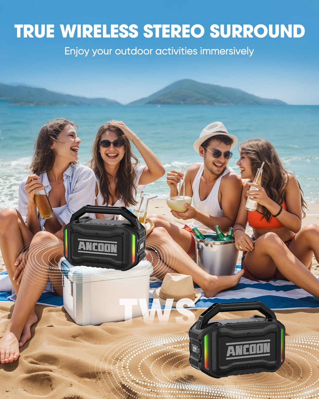 ANCOON Speakers Bluetooth Wireless: 80W(Peak) Loud Speaker with Bass, 20H Playtime, IPX6 Waterproof, Large Jobsite Speakers for Work, Outdoor, Workshop, Garage, Portable Speaker with TWS (Black)