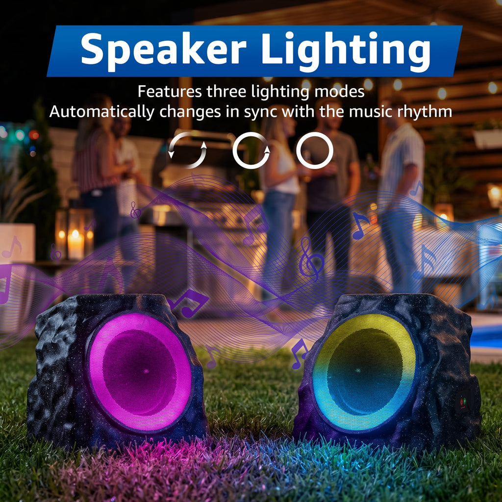 NiceBuy Outdoor Waterproof Solar Powered Bluetooth Rock Speakers with TWS Pairing and RGB Lights, 2 Pack