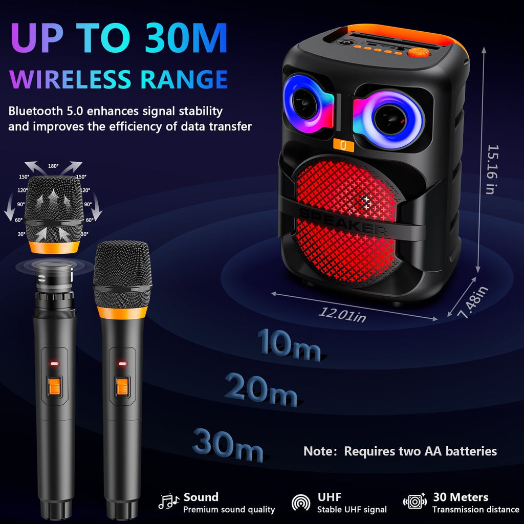 FanFun Bluetooth Speaker, Portable Party Speaker with 2 Microphones, LED Light, Deep Bass, T28-T