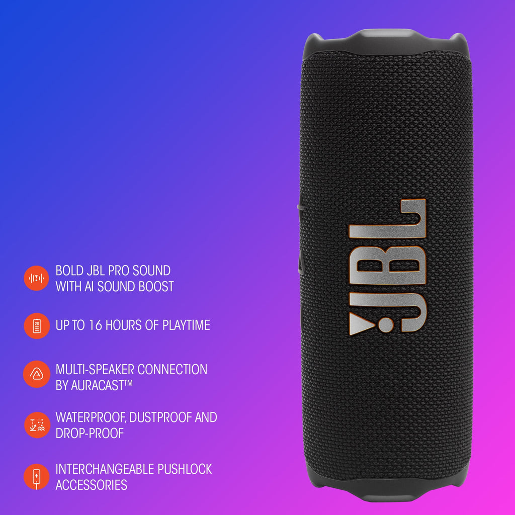 JBL Flip 7 Portable Waterproof Drop-Proof Speaker with AI Sound Boost, 2 Speakers, Black