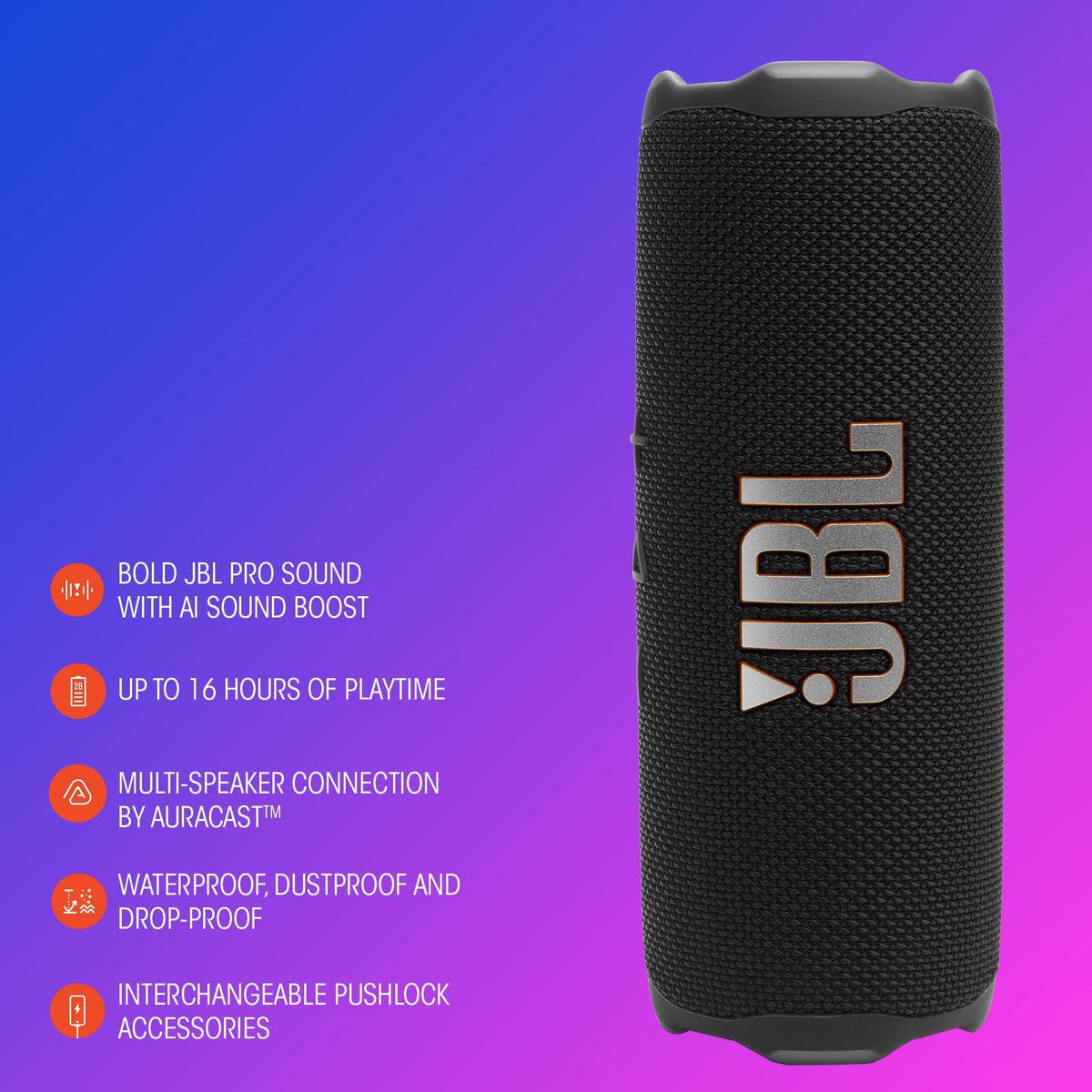 JBL Flip 7 Portable Waterproof Drop-Proof Speaker with AI Sound Boost, 2 Speakers, Black