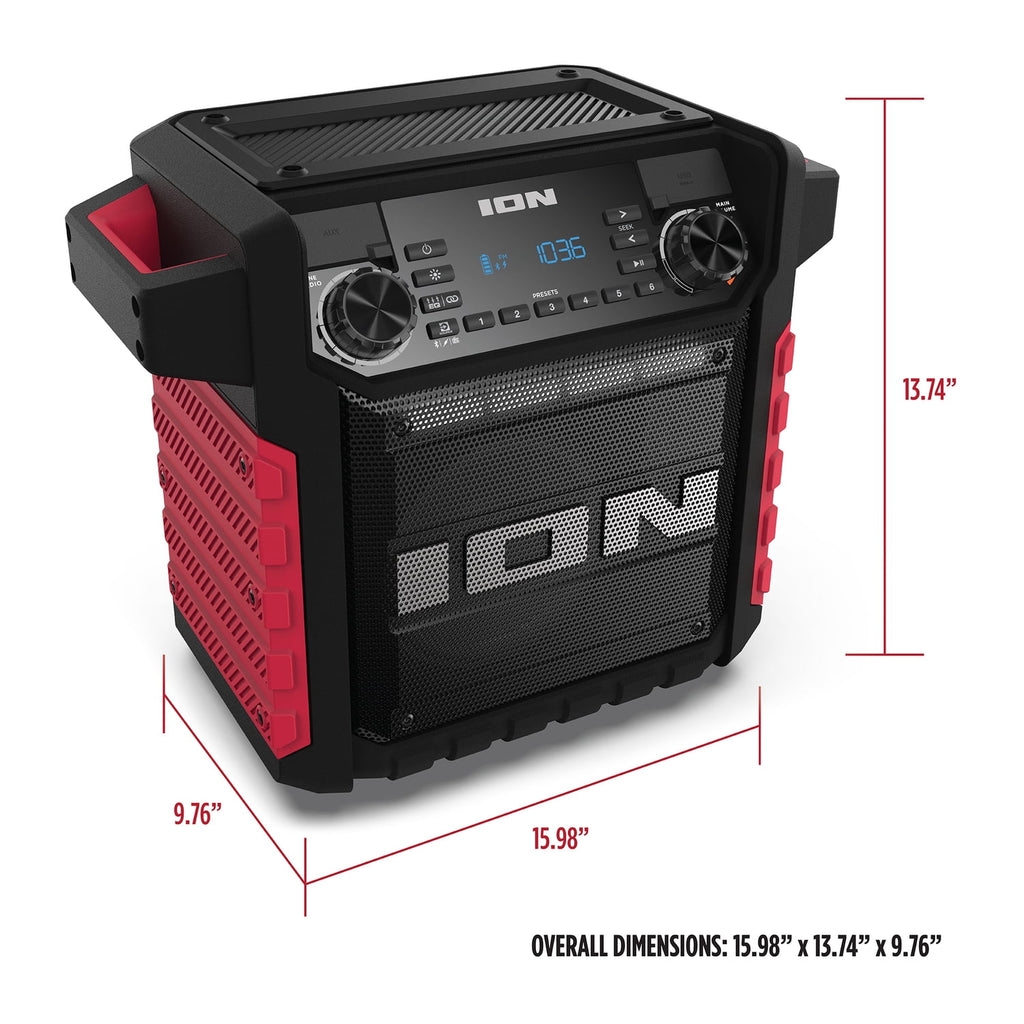 ION 22-Watt-RMS Tailgater Classic Portable Bluetooth Rechargeable Speaker with Link 2, FM, Light, IPX5, up to 15 Hours Play Time , Black/Red