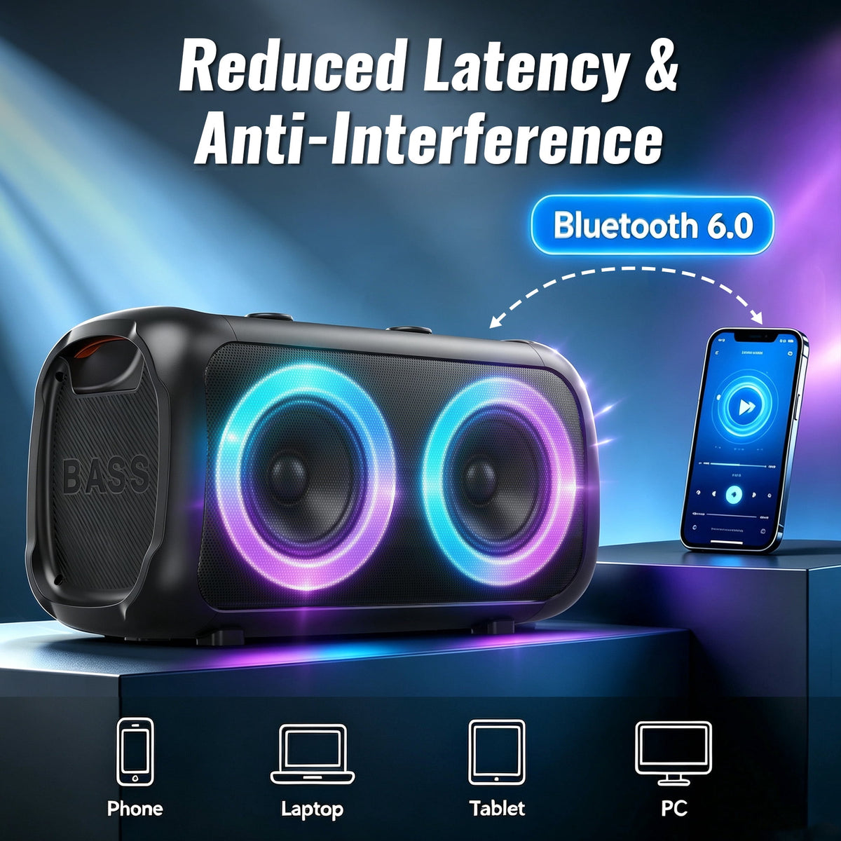 FRESHDEW Big Bluetooth Speakers with Microphone, Outdoor Party Speaker with Tws and EQ Control Aux Usb