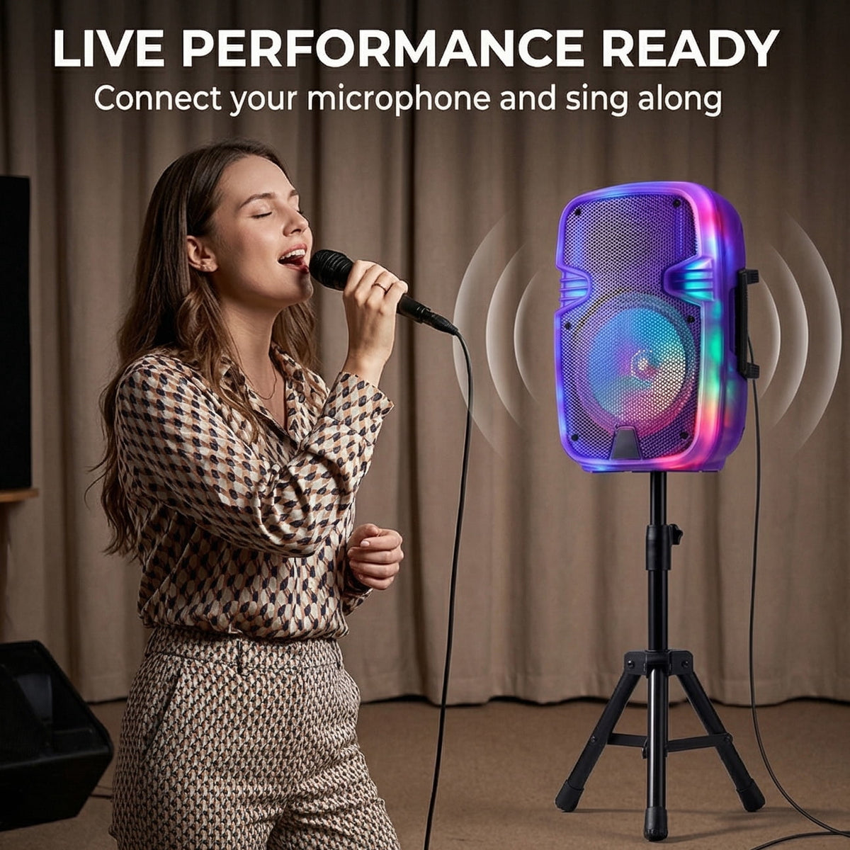 Portable BT Wireless Party Speaker with Translucent Light & Stand - Choose 8" (5 Colors) or 12", Includes Wired Mic, Remote, TWS, BT ConnectionUSB/TF/FM for Karaoke & Outdoor