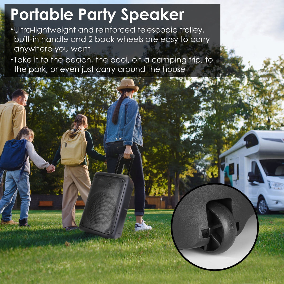 iMounTEK Portable Wireless Speakers on Wheels with Lights, Remote Control, TWS FM USB MMC Slot Aux In Recording Mic for Outdoor Party