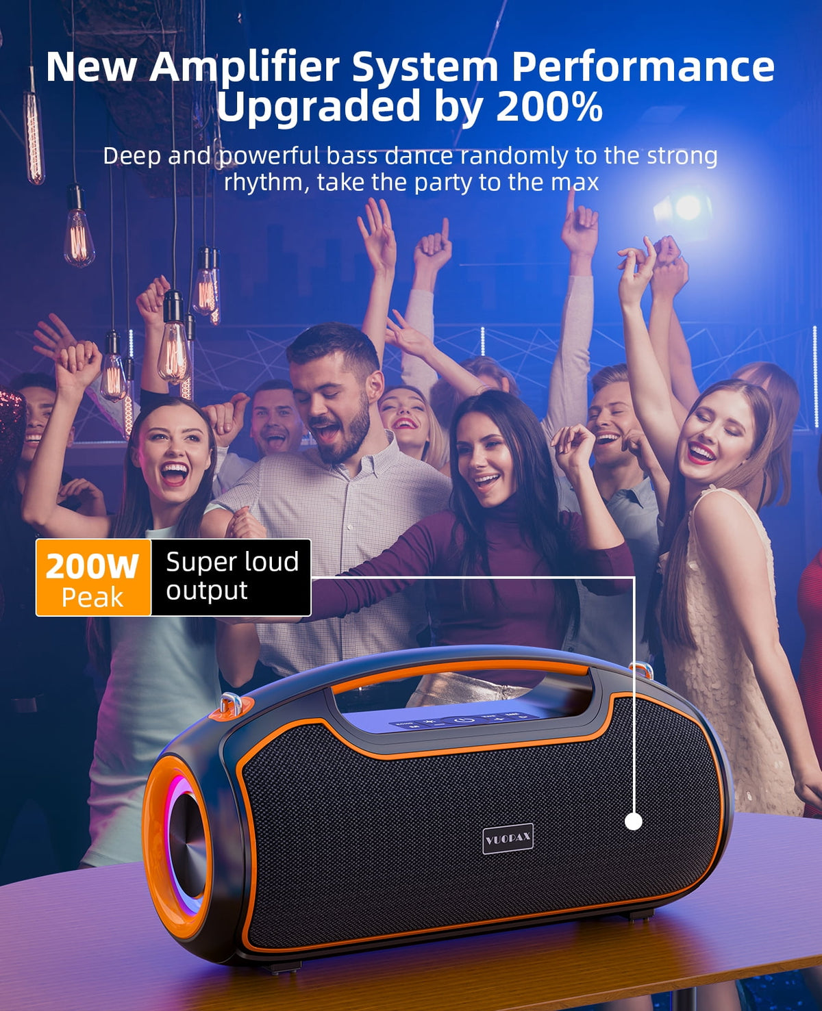 Portable Bluetooth Speaker 200W Peak Wireless, IP65 Waterproof Outdoor Speaker with Bass Boost, 24H Battery, TWS and USB/AUX/TF Input for Party