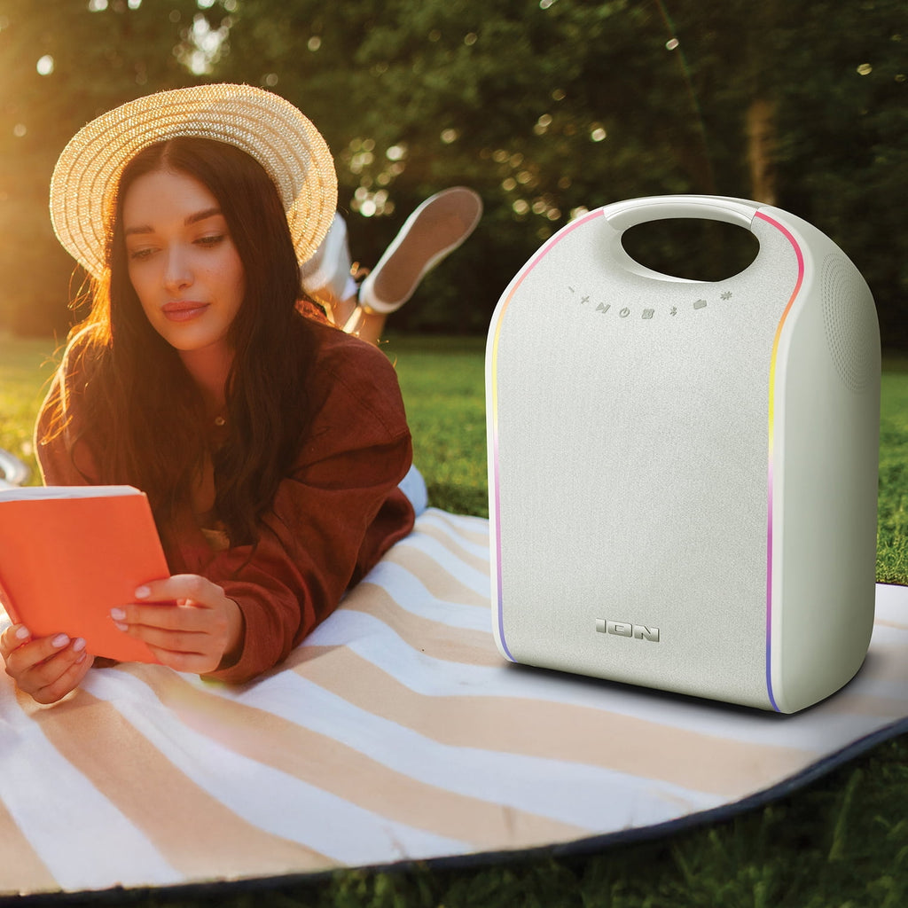 ION 40-Watt-RMS Stereo Glow Tone Portable Bluetooth Rechargeable Speaker with 8-In. Woofer, Lights, TWS, Aux and Mic Inputs, FM, Water-Resistant