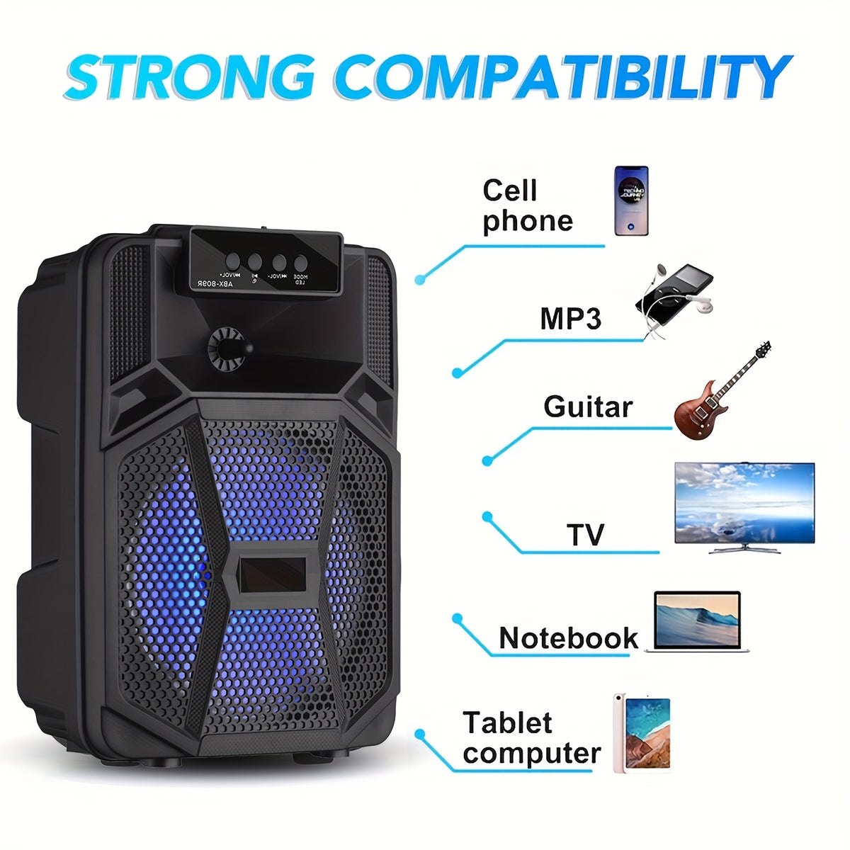 1100W Portable Bluetooth Speaker with LED Lights, Wired Microphone, 1200mAh Battery, Black - Ideal for Parties, Holidays & Gifts