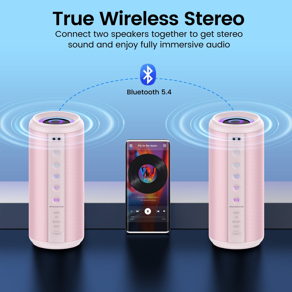 Portable Bluetooth Speaker, Bluetooth 5.4 Wireless Speaker, IPX7 Waterproof Outdoor Speaker with RGB Party Lights, 20W Stereo Sound, 20H Playtime, TWS Pairing for Camping, Beach, Home Party