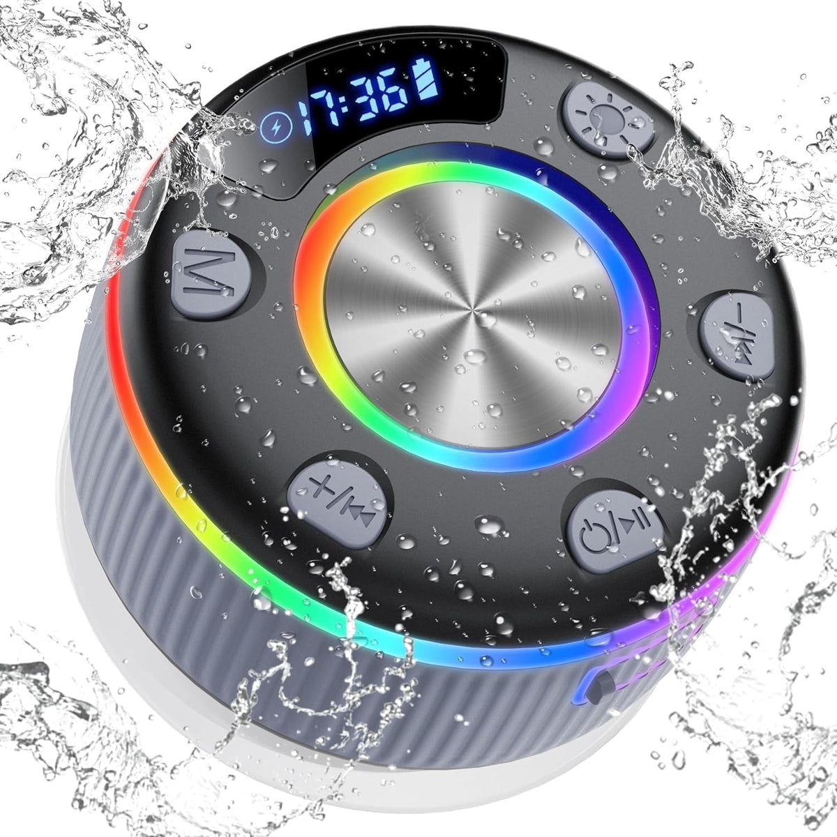 Bluetooth Shower Speaker, IPX7 Waterproof Wireless Speaker with Suction Cup, Time & Battery Display, Hands-Free Calls, 8–15H Playtime, 360° Sound Portable Mini Speaker for Bathroom and Travel
