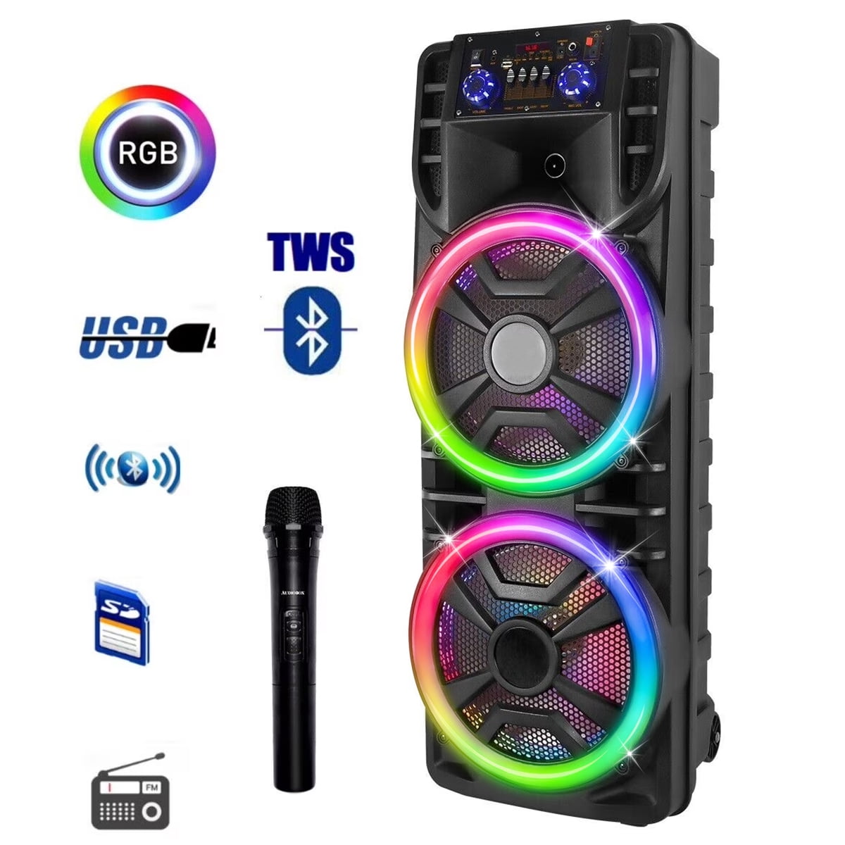 Curuk Wireless Speaker With Wireless Mic, 2800W Portable Bluetooth Speaker Dual 12” Subwoofer Heavy Bass Party DJ PA Sound System FM Mic LED Light