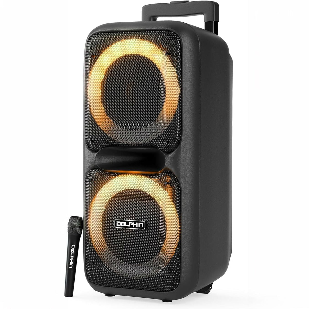 Dolphin SP-2080RBT Bluetooth Speaker - High Power Portable, Wireless Microphone, Deep Bass, LED Lights, USB/SD Card, Rechargeable Long Lasting Battery