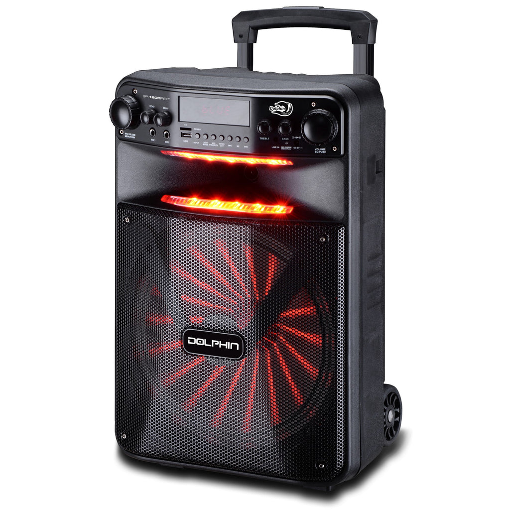 Dolphin SP-1200RBT Portable Party Bluetooh Speaker w/Remote Control and Sound Activated LED Light Show, 12", Long Lasting Battery